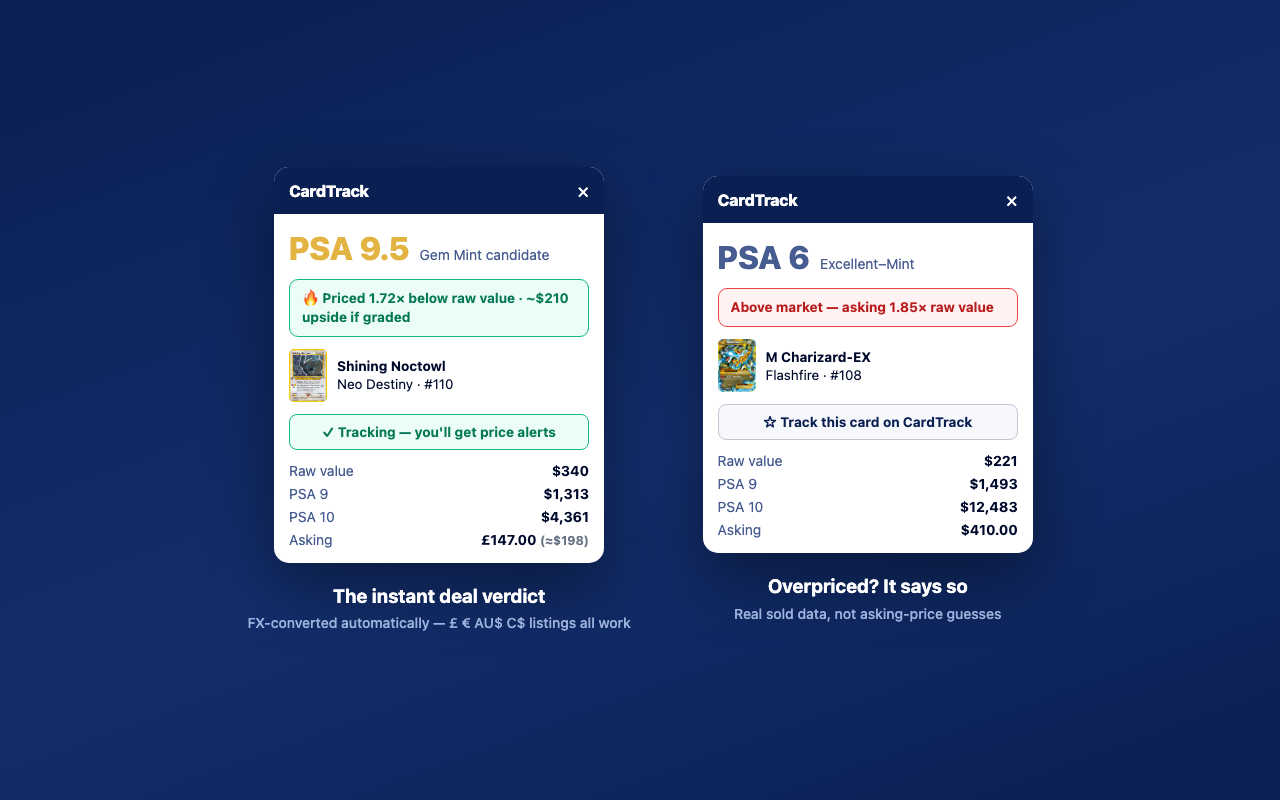 CardTrack deal verdicts: a Shining Noctowl priced below market and an overpriced M Charizard-EX flagged above market