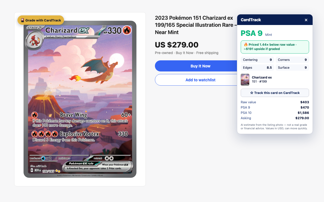 CardTrack Chrome extension grading a Charizard ex listing on eBay with an instant price check and deal verdict