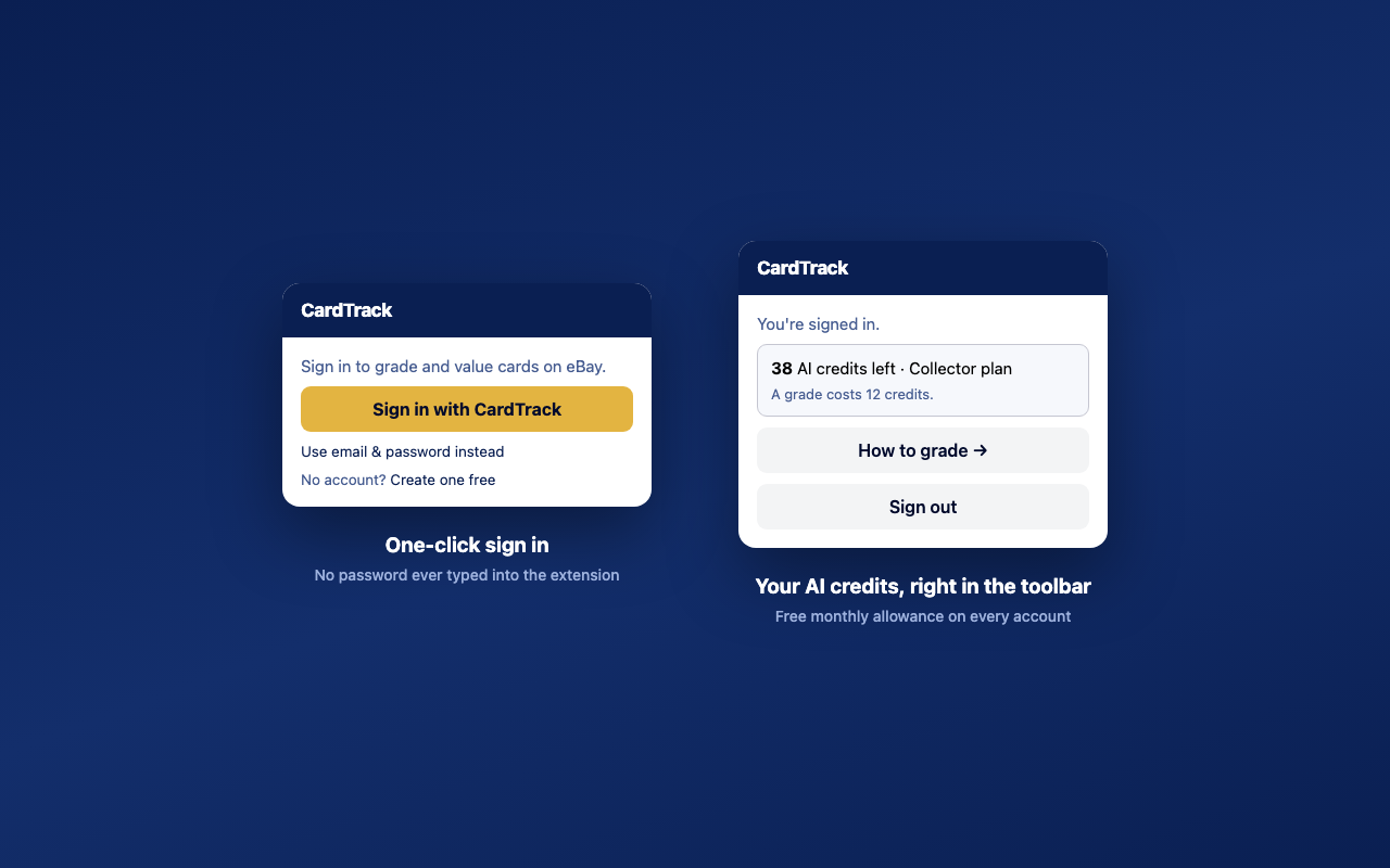 One-click sign in with CardTrack and AI credit balance in the extension popup