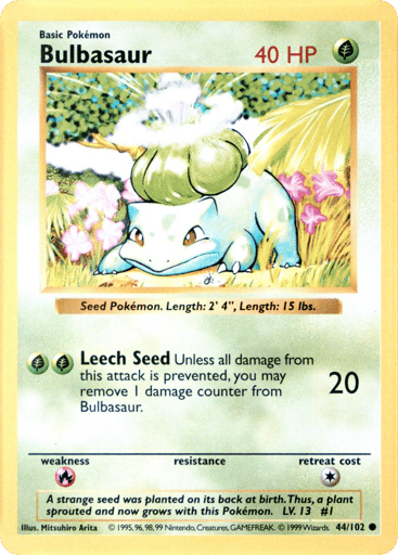 Bulbasaur Base #44 Shadowless Price — ~$23 Ungraded